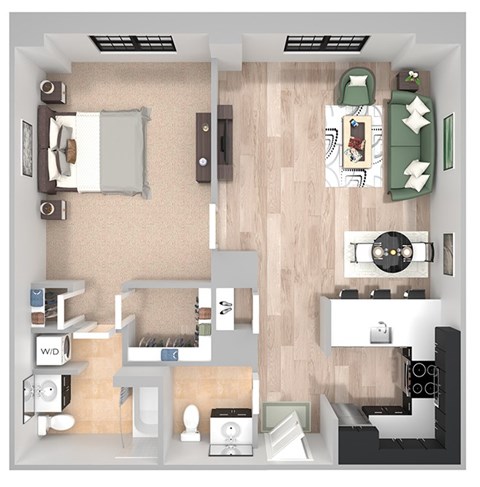 Floor plan for 1 bed, 1.5 baths, 775 sqft